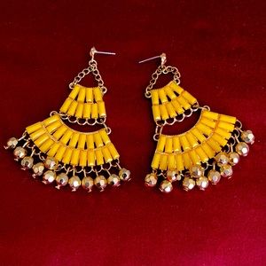 LARGE GOLD TONE and YELLOW DANGLING CHANDELIER EARRINGS